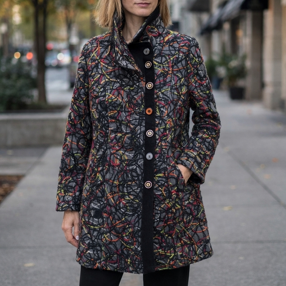 Pink Martini Textured Multicolor Abstract Button Front Jacket Coat Size S Artsy